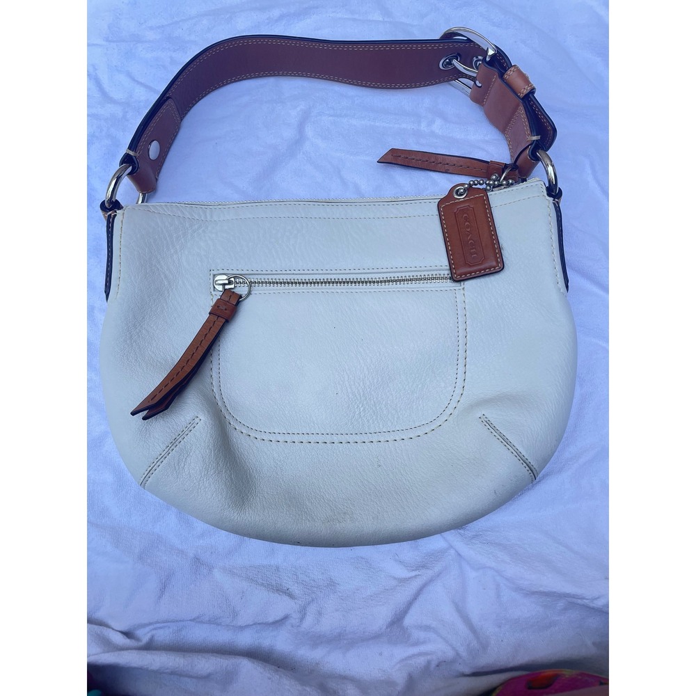 Coach Ergo Cream Milled Leather Hobo Shoulder Bag Tan Trim F12106